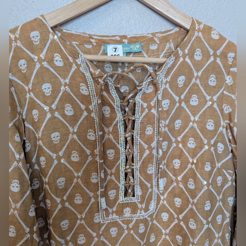 LETARTE Skulls & Bones Handmade Tunic Coverup with Iridescent Sequin Accents S/M
